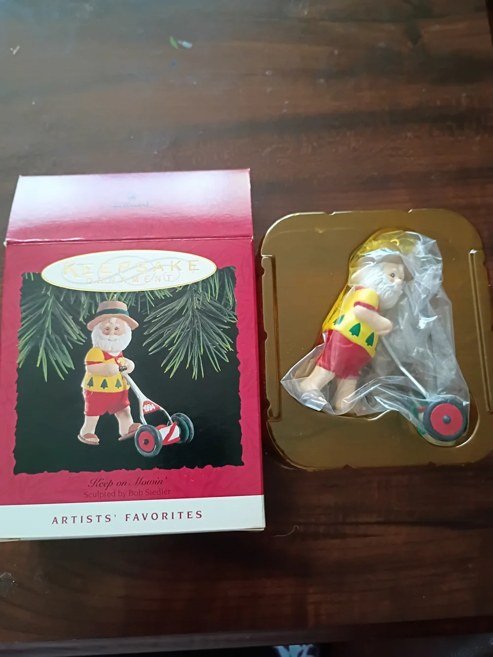 1994 Hallmark Gnome with Push Mower Ornament - Yellow, Red & Green